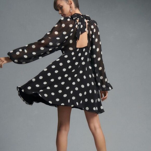 Anthropologie Maeve Long Sleeve Sheer Mini Dress Polka Dot - Picture 1 of 9